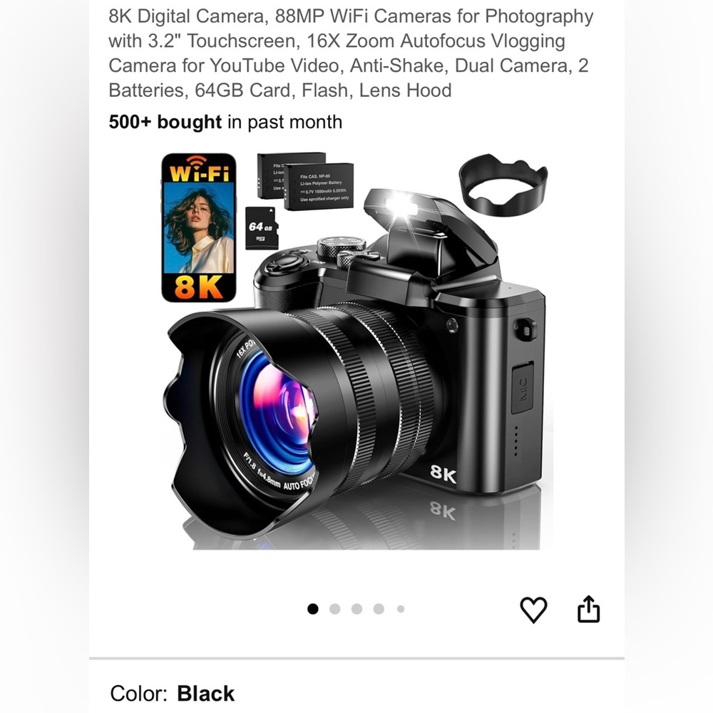8K Digital Camera with Wi-Fi and 64GB Card - Black